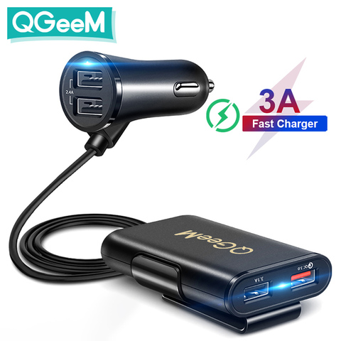 Cargador de coche QGEEM 4 USB QC 3,0 de carga rápida 3,0, adaptador de cargador frontal trasero rápido para coche, enchufe de cargador portátil para iPhone ► Foto 1/6