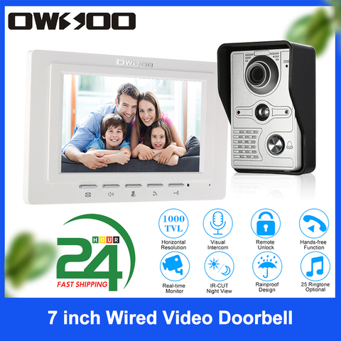 OWSOO-timbre de vídeo con cable, 7 pulgadas, Monitor de interior, IR-CUT, impermeable, cámara exterior, intercomunicador Visual, desbloqueo remoto, videoportero ► Foto 1/6