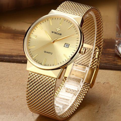 WWOOR-relojes sencillos para hombre, de malla de acero dorado, ultrafino, resistente al agua, dorado, con caja ► Foto 1/6