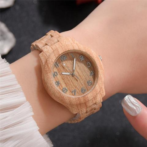 Reloj de madera de imitación para mujer, accesorio de marca de moda, de lujo, de cuero Vintage, cuarzo, Color madera, sencillo, oferta ► Foto 1/6