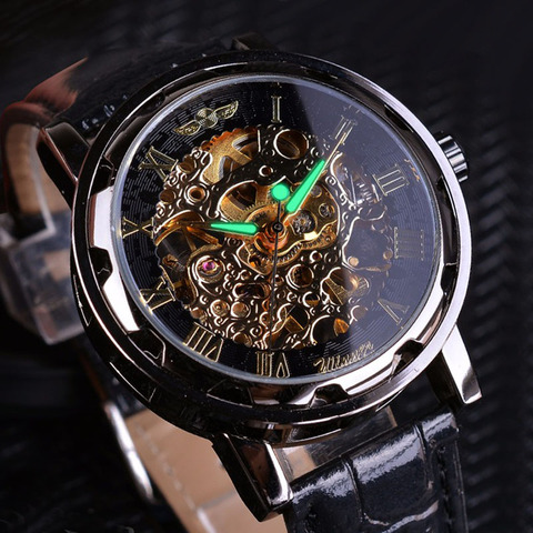 Reloj de pulsera clásico para hombre, de lujo, con esqueleto, luminoso, manecillas, esfera romana, cuerda a mano, mecánico, dorado ► Foto 1/6