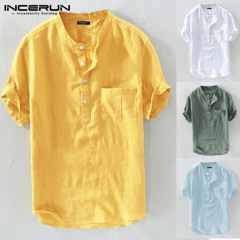 INCERUN-Camisas informales de verano para Hombre, Lisa Blusa de algodón con cuello levantado, ropa de calle de manga corta, camisetas Harajuku ► Foto 1/6