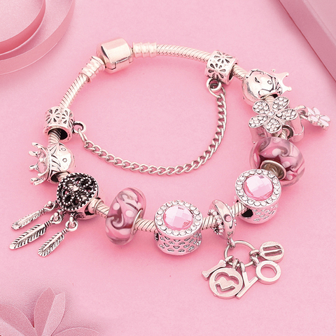 Rosa lindo brazalete con cuentas de cristal flor CUENTA DE atrapasueños pulsera amor poco Priceness brazalete de Príncipe chica regalo ► Foto 1/5