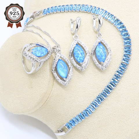 Pendientes de ópalo de Fuego Azul para mujer, collar, anillo colgante, conjunto de joyería de Color plata para mujer, pulsera de cristal azul claro, regalo ► Foto 1/6