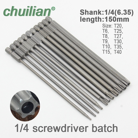 1 pieza de 150mm de largo T6-T40 brocas de destornillador magnético Torx Set cabeza de destornillador eléctrico T6, T8, T9, t10... T15... T20... T25... T27... T30... T35... T40 ► Foto 1/4