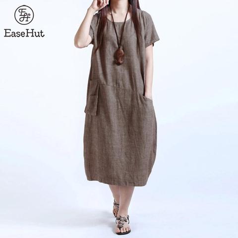 EaseHut, Vestido de verano para mujer de manga corta con cuello redondo, 2022, Vestido Midi informal holgado con bolsillos de una pieza para mujer, 4XL, 5XL, Vestido de talla grande ► Foto 1/6