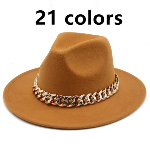 Sombreros de ala ancha con banda de cadena dorada gruesa para mujer, sombrero de fieltro clásico beige, sombrero de jazz de vaquero negro, sombreros de fedora de lujo para mujer ► Foto 1/6