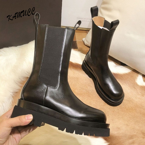 Botas gruesas de felpa de cuero PU para mujer, botines de plataforma a la moda, color negro, estilo Chelsea, para otoño e invierno, 2022 ► Foto 1/6