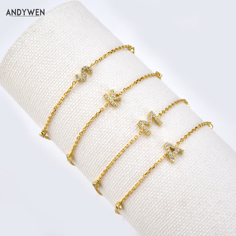 ANDYWEN-Pulsera plata de primera ley y circón diseño inicial para mujer, brazalete de cadena, plata esterlina 925, circonia cúbica, zirconia, circonita, zirconita, color dorado, 26 letras del alfabeto, nombre, 2022 ► Foto 1/6