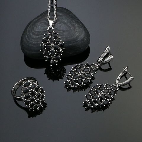 Conjunto de joyería de plata 925 para mujer, accesorios de fiesta, pendientes de circonia cúbica negra, anillo, collar, colgante ► Foto 1/5