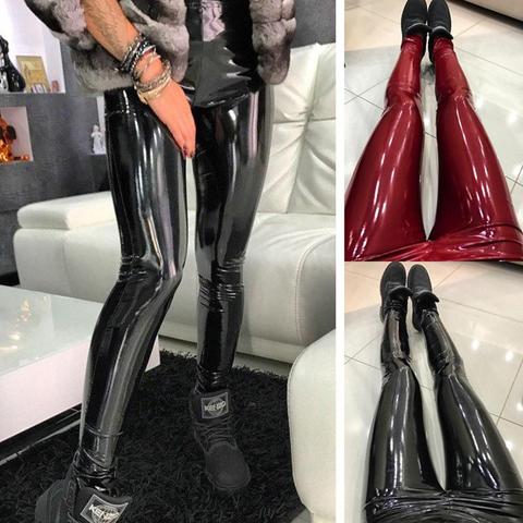 Qickitout-pantalones ajustados elásticos para mujer, mallas Push Up de cintura alta de cuero negro, Jeggings sexys ► Foto 1/6