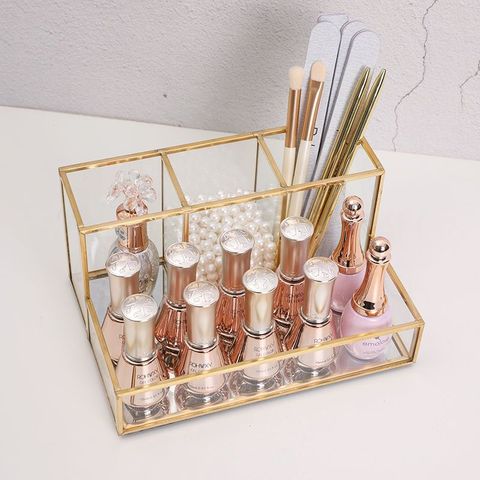 Organizador de maquillaje de vidrio para baño, caja de lápices con borde cubierto de oro, herramientas de maquillaje, Perfume, lápiz labial ► Foto 1/1