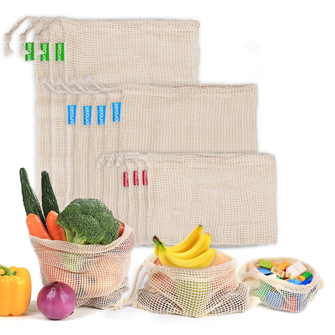 Bolsas de malla de algodón reutilizables, 3 uds., para verduras, frutas, cocina, reutilizables, lavables, con cordón, 3 tamaños ► Foto 1/6