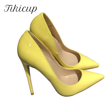 Tikicup-zapatos de tacón alto con punta de charol para mujer, calzado femenino de fiesta, a la moda, en color amarillo claro, de 12/10/8cm, personalizado ► Foto 1/6