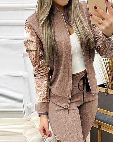 Conjunto de 2 piezas de chaqueta y pantalón con cremallera para mujer, chándal de otoño e invierno, ropa deportiva de retales, traje informal para correr de talla grande XL ► Foto 1/6