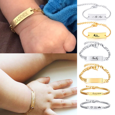 Pulsera de bebé personalizada con grabado de nombre, de acero inoxidable, regalo de cumpleaños para niña y niño ► Foto 1/6