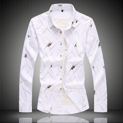 Nueva otoño de los hombres de moda impreso ocasionales de gran tamaño blanco negro azul manga larga camisa 5XL 6XL 7XL ► Foto 1/6