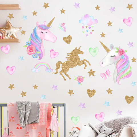 Dibujo animado unicornio caballo estrella diseño con forma de corazón etiqueta de la pared para la habitación de los niños casa bricolaje decoración Animal arte Mural Pvc ► Foto 1/6