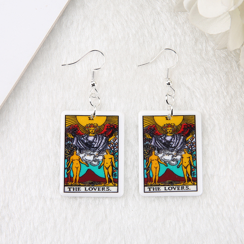 Pendientes de gota de 34x25MM para mujer, cartas de Tarot, artesanías, sol, luna, Estrella y amantes, tarjeta de adivinación, regalo de joyería, 1 par ► Foto 1/6