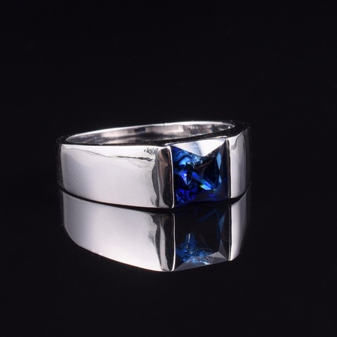 Anillo solitario de zafiro azul natural cuadrado de Plata de Ley 925 de eternidad para hombre tamaño 8-12 ► Foto 1/2