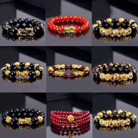 Valientes tropas cuentas pulsera PIXIU para los hombres y las mujeres de obsidiana pulsera de perlas de piedra para dar suerte valiente riqueza Feng Shui pulseras de regalo ► Foto 1/6