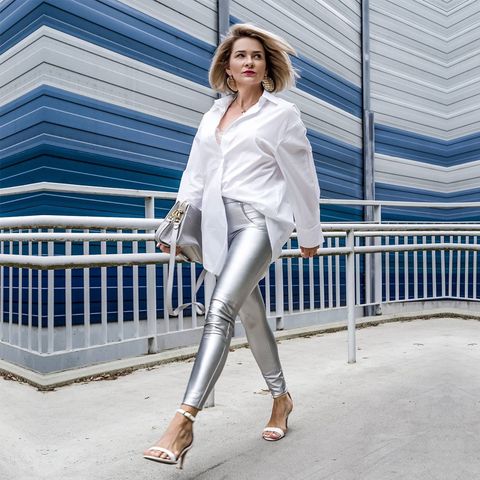 Melody-pantalones de cuero sintético para mujer, mallas gruesas de entrenamiento con brillo plateado, anticelulitis, longitud completa, para invierno ► Foto 1/1