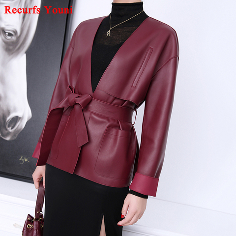 Chaqueta De piel auténtica para Mujer, abrigo japonés elegante con cuello en V profundo con cinturón, color vino tinto, De manga larga ► Foto 1/6