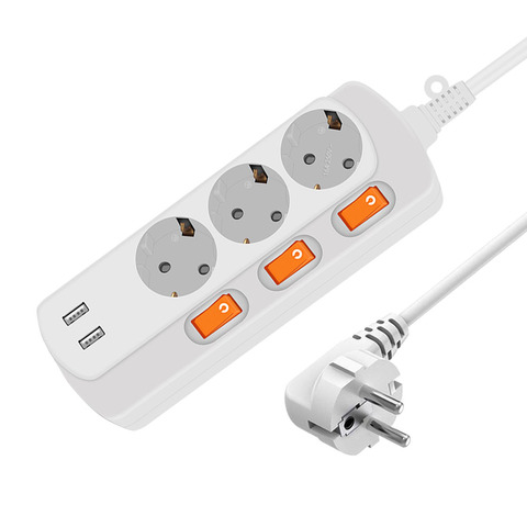 Enchufe europeo de 16A 250V, toma de corriente eléctrica con 2 puertos USB, 5V, 2A, 3AC, toma de corriente Individual, cable de extensión de 1,5/3M ► Foto 1/6