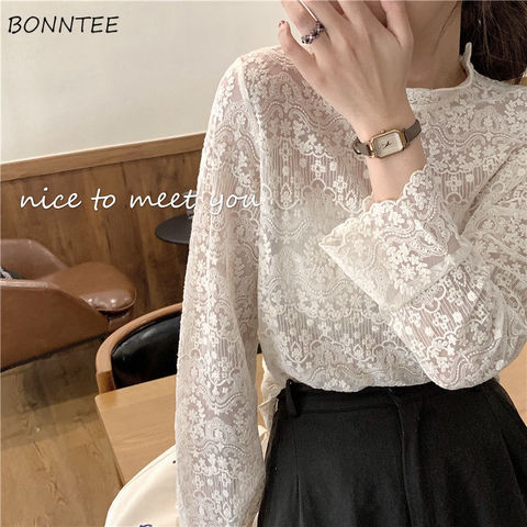 Camisas transparentes de manga larga para mujer, blusas elegantes de talla grande 3XL con cuello alto y encaje ► Foto 1/6