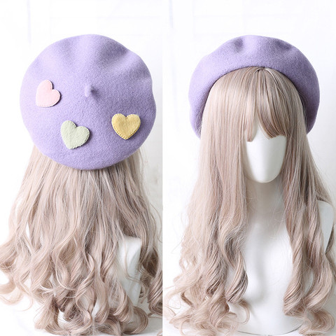 Boina de amor Kawaii para niña, gorros de Lolita, gorros morados, boina de fieltro de lana hecha a mano para mujer, boina al por mayor ► Foto 1/6