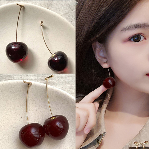 Pendientes de cerezas rojas de simulación, color dorado, para mujeres, chicas, estudiantes, fruta, regalo, 1 par, gran oferta, novedad ► Foto 1/6