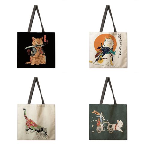 Ukiyo-e-Bolso de hombro de animal japonés para mujer, bolsa de mano informal de tela de lino, bolsas de compra de playa plegables, bolso de moda ► Foto 1/6