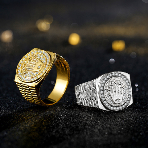 Anillo de corona bañado en oro con diamantes de imitación para hombre y mujer, joyería de Rock Hip Hop, accesorios de anillo de fiesta ► Foto 1/6