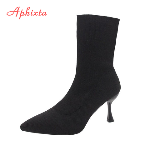 Aphixta 9cm 7cm 5cm tejido elástico calcetines botas y botines botas mujeres Zapatos negro elegante punta tejido elástico botines de mujer ► Foto 1/6