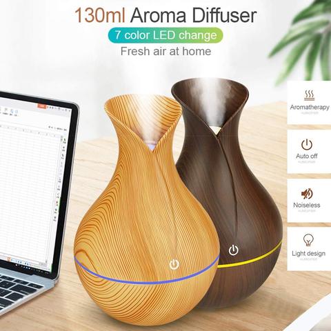 Humidificador de aire de 130ml, difusor de aceites esenciales ultrasónico de grano de madera, minigenerador de niebla con USB, luz LED ► Foto 1/6