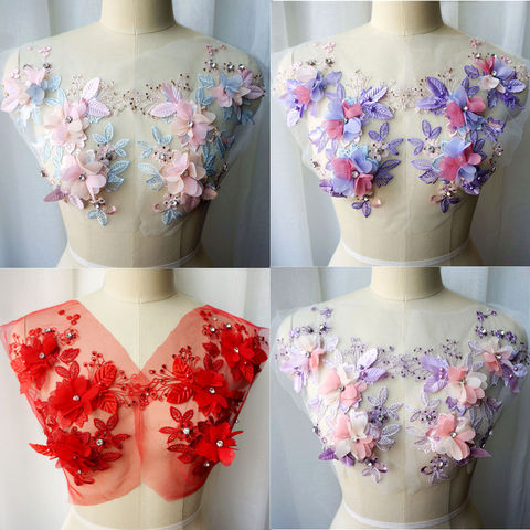 Cuentas de tela de encaje 3D con flores rojas y púrpuras, bordado de diamantes de imitación, apliques de vestido, parches para coser, decoración de boda, bricolaje, 2 uds. ► Foto 1/6