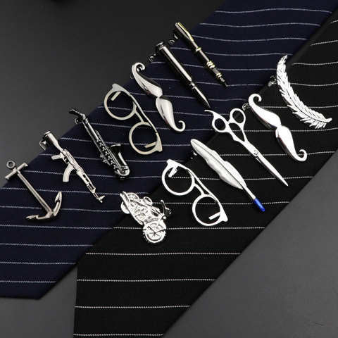 Pinzas para corbata de uso diario para hombre, accesorios cromados de acero inoxidable para gafas, bolígrafos, llaves, forma de guitarra de coche, broche de banquete para Bar de negocios a la moda ► Foto 1/6