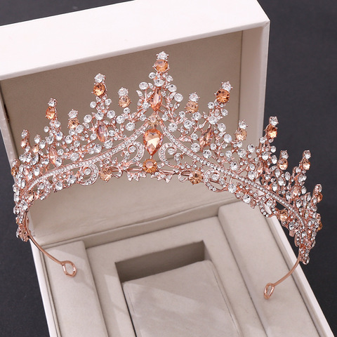 TIARA barroca Rosa Retro dorada de cristal de melocotón para novia, corona con diamantes de imitación, diadema de graduación, accesorios para el cabello de boda ► Foto 1/6