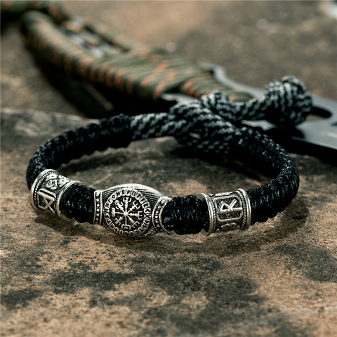 MKENDN Vintage nórdico vikingo amuleto de Runas de pulsera de la supervivencia de las mujeres de los hombres hecho a mano tejido ajustable pulsera joyería de Paracord ► Foto 1/6