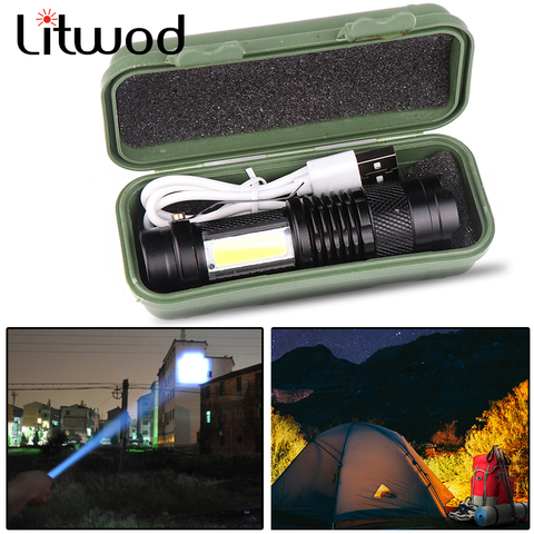 El más nuevo diseño XP-G Q5 construido en batería USB linterna de carga COB LED Zoomable impermeable Tactical antorcha lámpara LED BOMBILLAS Litwod ► Foto 1/6