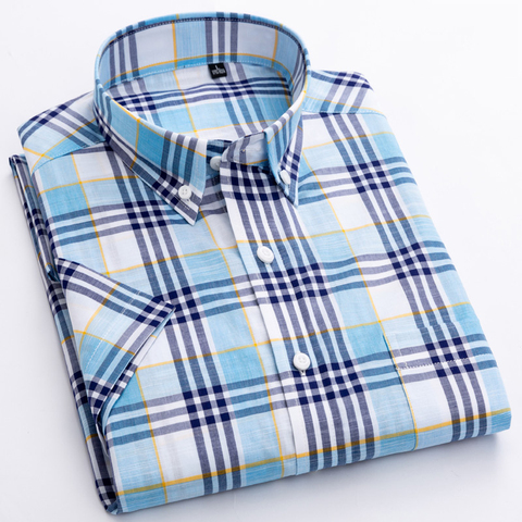 Camisa de manga corta para hombre, 100% de algodón a rayas a cuadros, de un solo Bolsillo tipo parche, abotonada, informal, juvenil, finas, para vacaciones ► Foto 1/6