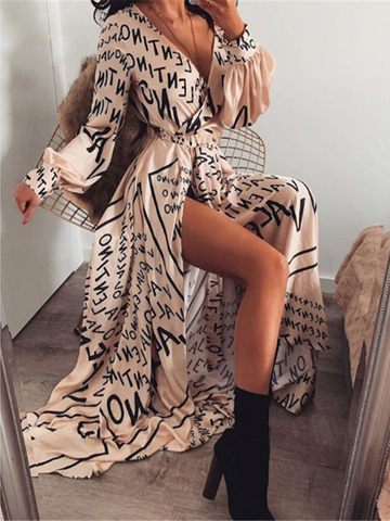 Impreso bohemio Floral largo Maxi vestido de las mujeres casuales de mujer suelta tobillo longitud imperio V-cuello largo divide Vestidos ► Foto 1/5