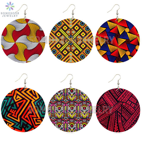 SOMESOOR Afrocentric étnicos bohemios de madera de diseño de pendientes patrón de tela ambos lados impresos bucles del oído para mujeres regalos ► Foto 1/6