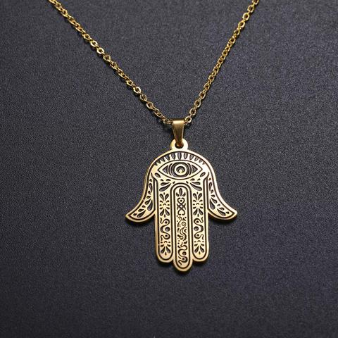 Collar de colgante de mano de Hamsa Hamesh, gargantilla de acero inoxidable con ojo malvado, collares de cadena, amuleto, joyería judía para mujeres y hombres ► Foto 1/6