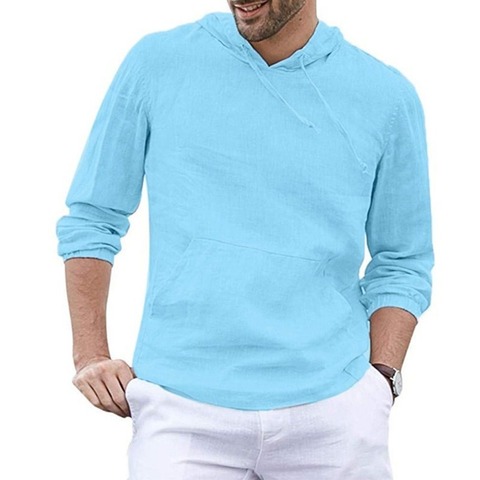 Camiseta de manga larga con capucha para hombre, Europa América de lino y algodón, bolsillo tipo parche, a la moda, ropa fina, gran oferta, Otoño, 2022 ► Foto 1/6