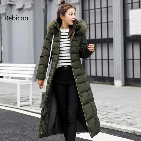 Chaquetas de algodón y plumón de Invierno para mujer, Parkas informales largas con Cuello de piel, abrigo cálido ajustado para invierno ► Foto 1/6