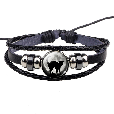 Pulsera de cuerda de gato negro, joyería gótica de luna llena, brazalete de cuero multicapa, accesorios de moda para hombres y mujeres ► Foto 1/5