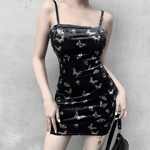 Harajuku negro vestido de gótico de la correa de espagueti sin espalda hombro vestidos casuales de moda de impresión vestido Sexy ► Foto 1/6