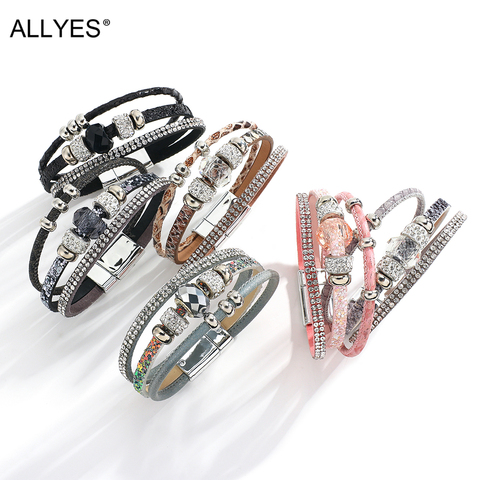 ALLYES-pulsera de cuero multicapa con cuentas de cristal brillantes para mujer, brazalete con diamantes de imitación, regalos de joyería para mujer ► Foto 1/1