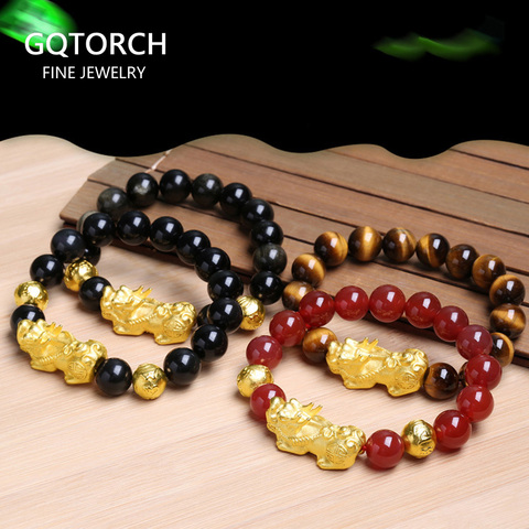 Pulsera de cuentas de Mantra de piedra Natural con Pixiu, Ojos de tigre de obsidiana de arcoíris, ónix rojo, Feng Shui, cristales, para hombres y mujeres ► Foto 1/6